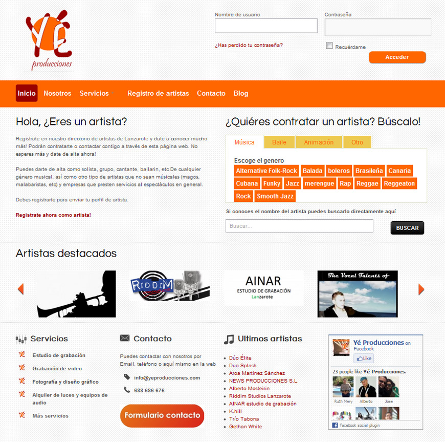 Página web Yé Producciones Contratación de artistas en Lanzarote, Yé Producciones